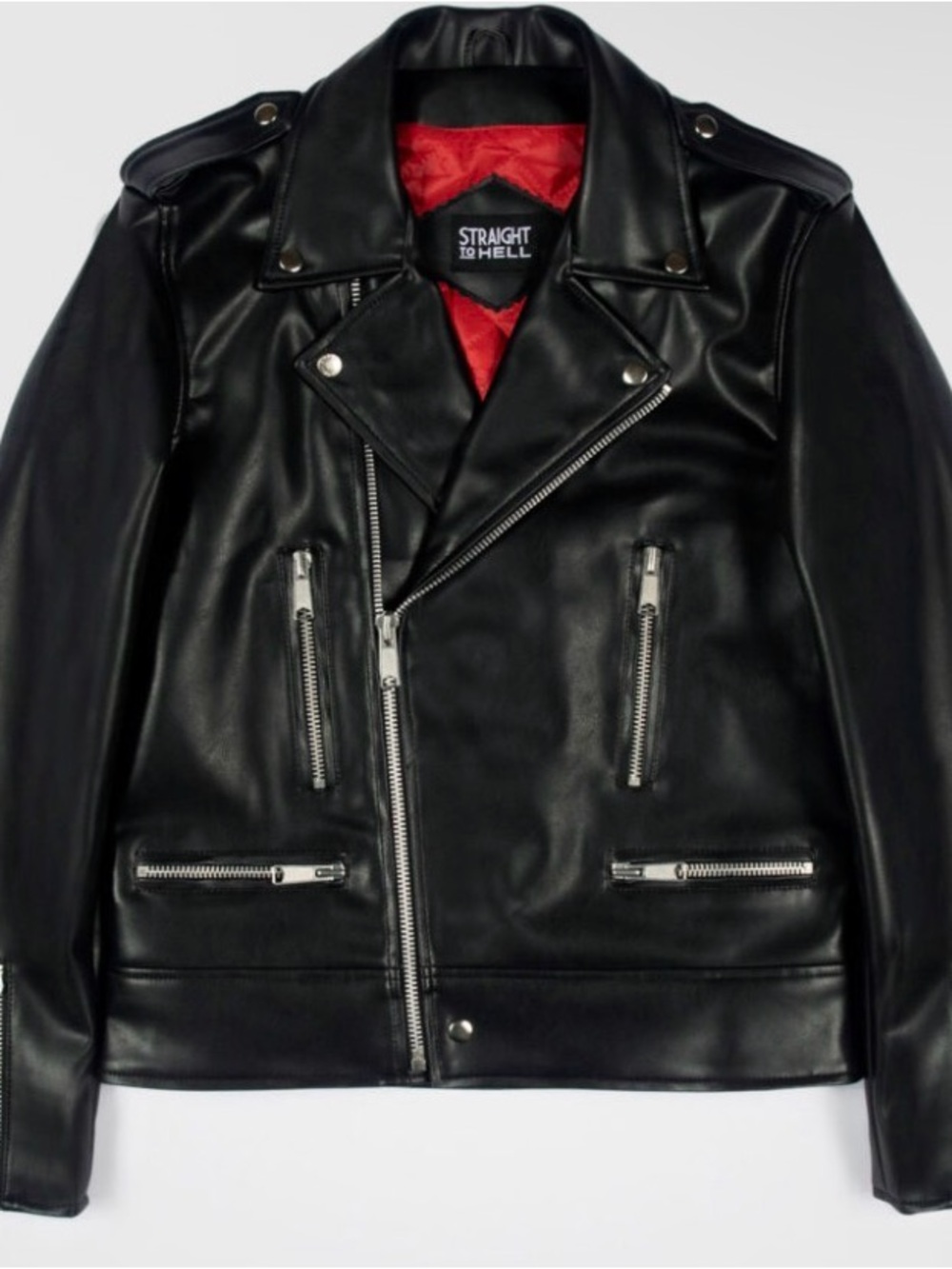 Straight To Hell Men's Black Vegan Leather Biker Jacket with Red Lining -Vincent
